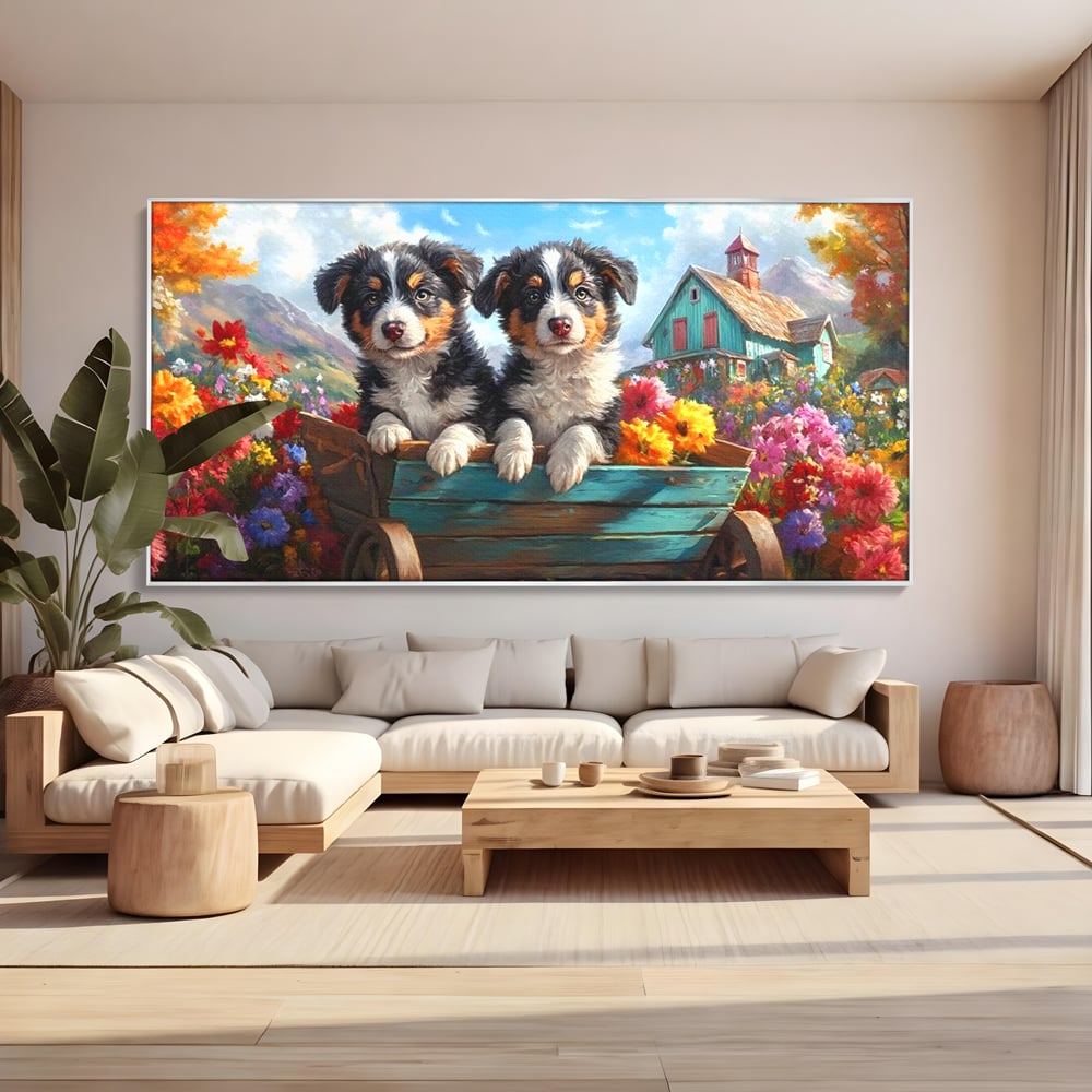 Tablou canvas cu doi catei australian shepherd in caruta cu flori, in rama de aluminiu argintiu, pe perete intr-un living